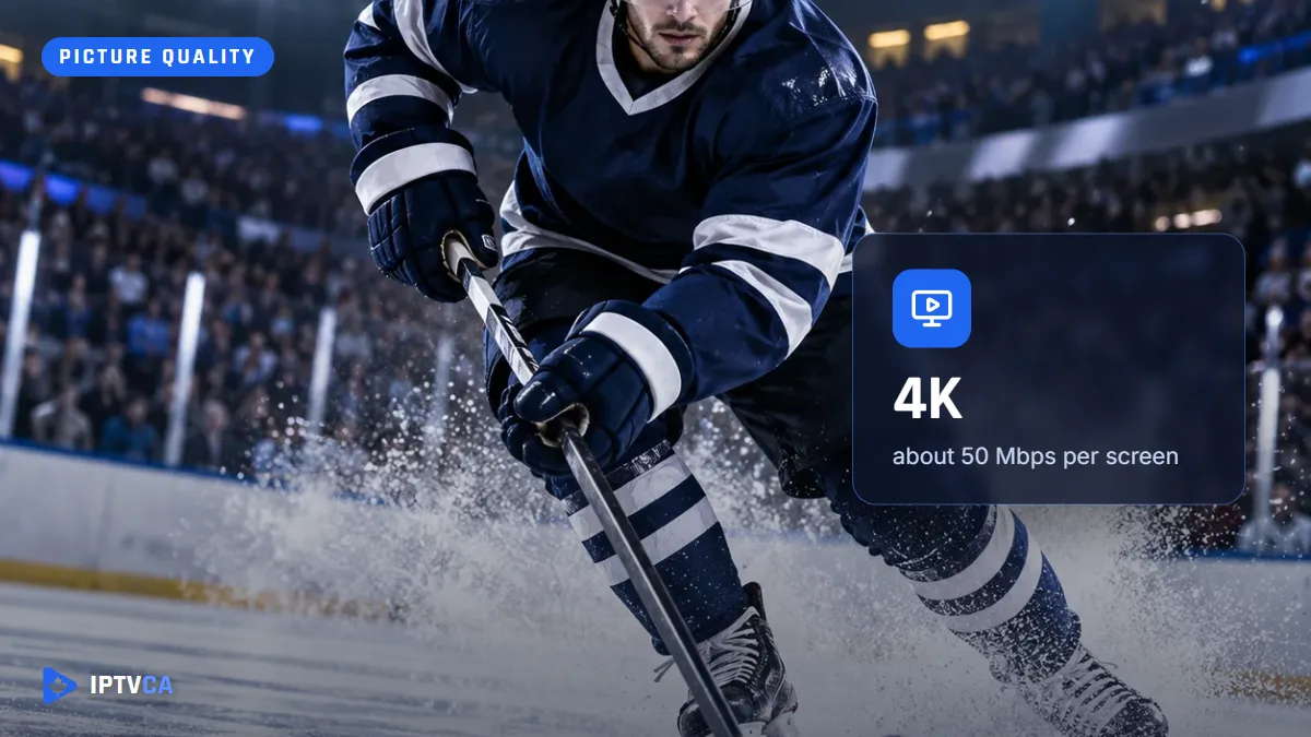 Ice hockey player skating with the puck in a bright arena, the kind of live sport where 4K shows