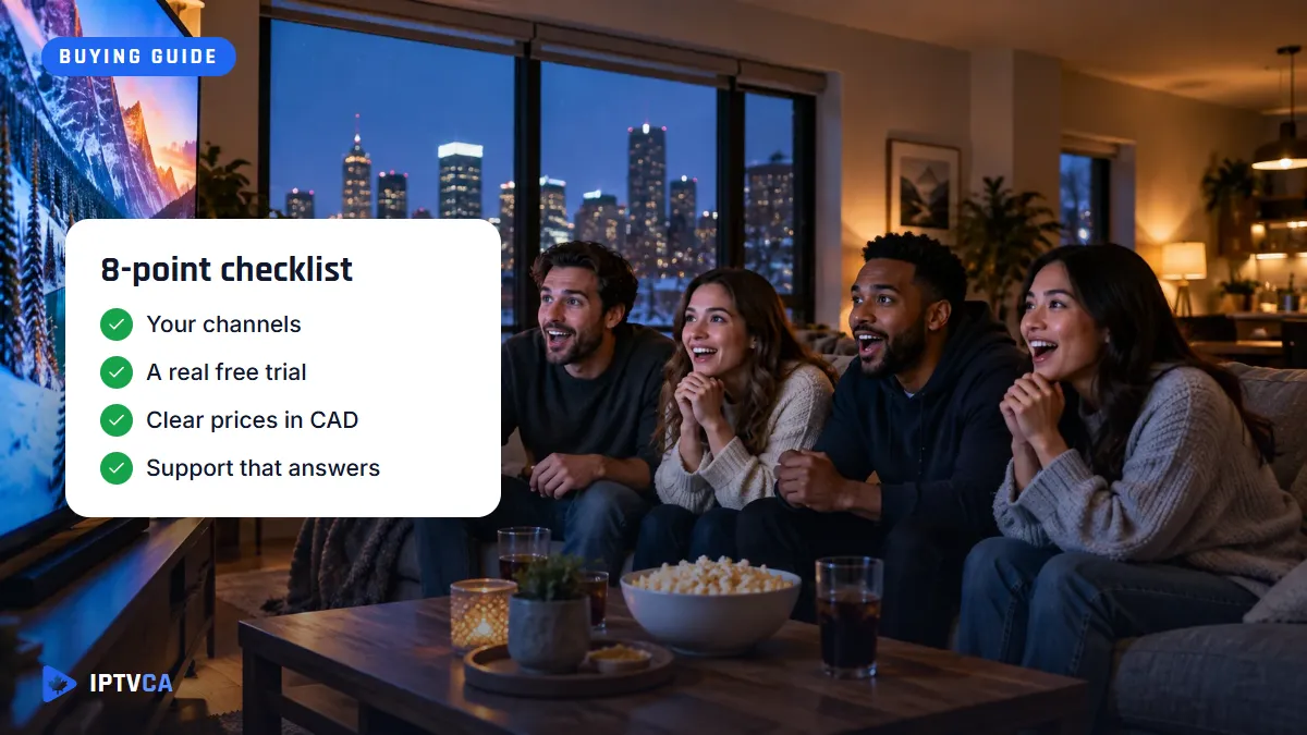 Four friends watching a big TV in a condo living room at night, next to an 8-point IPTV checklist