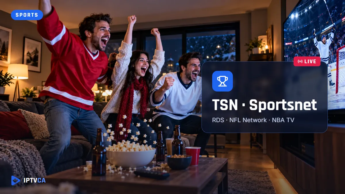 Friends celebrating a hockey goal in front of the TV, with TSN, Sportsnet and RDS listed