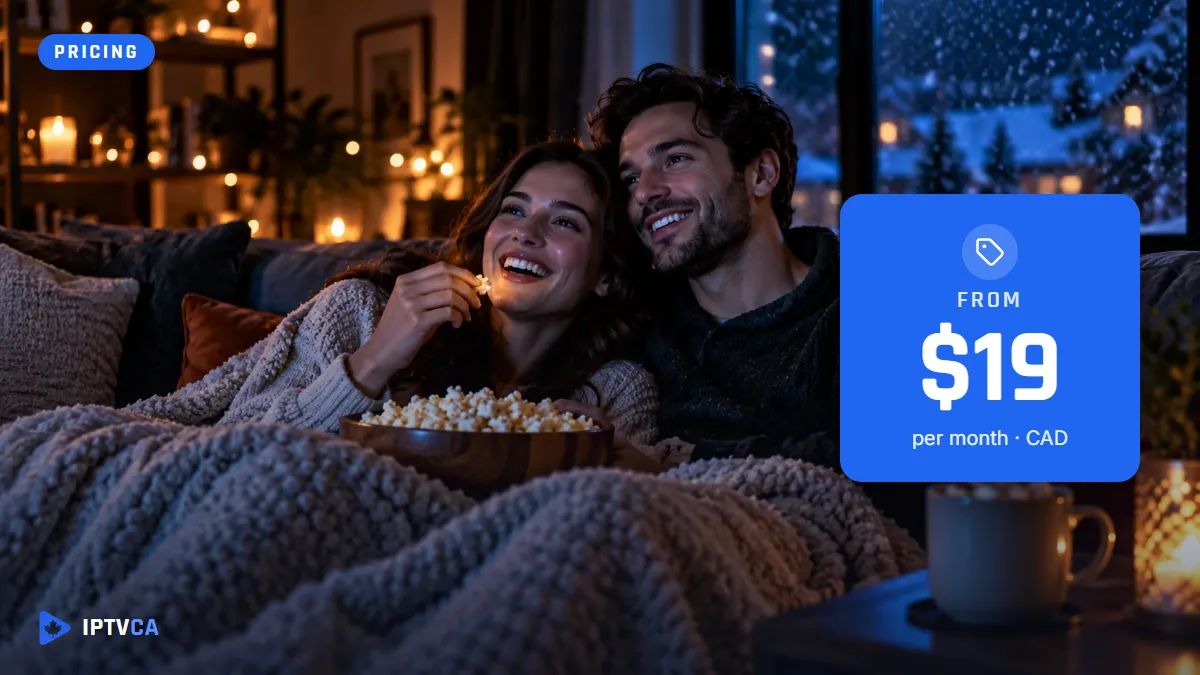 Couple sharing popcorn on the sofa, with a price tag reading from $19 per month