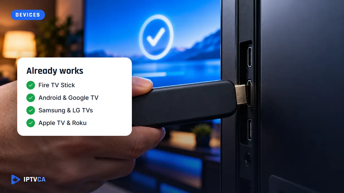 Hand plugging a streaming stick into the HDMI port of a TV, all you need to watch IPTV