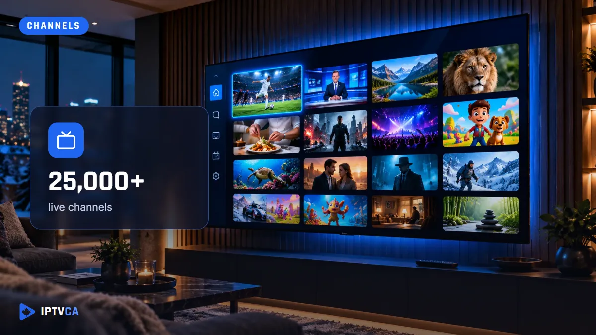 Smart TV showing a grid of live channels, labelled 25,000+ live channels