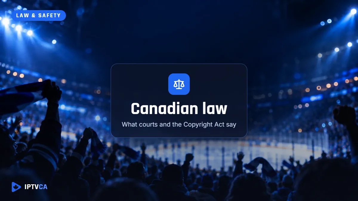 Arena crowd under blue lights, with the words Canadian law