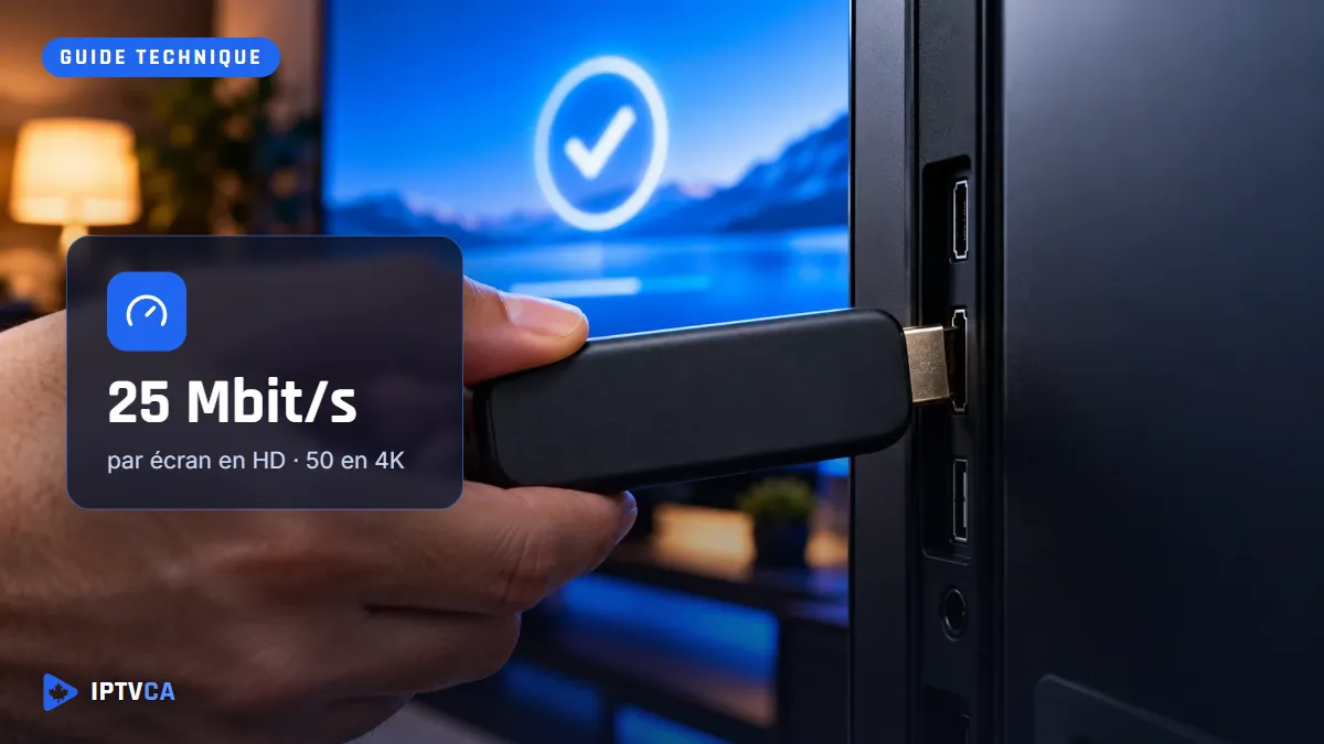 Main qui branche une clé de diffusion dans une télé, avec l'indication 25 Mbit/s par écran HD