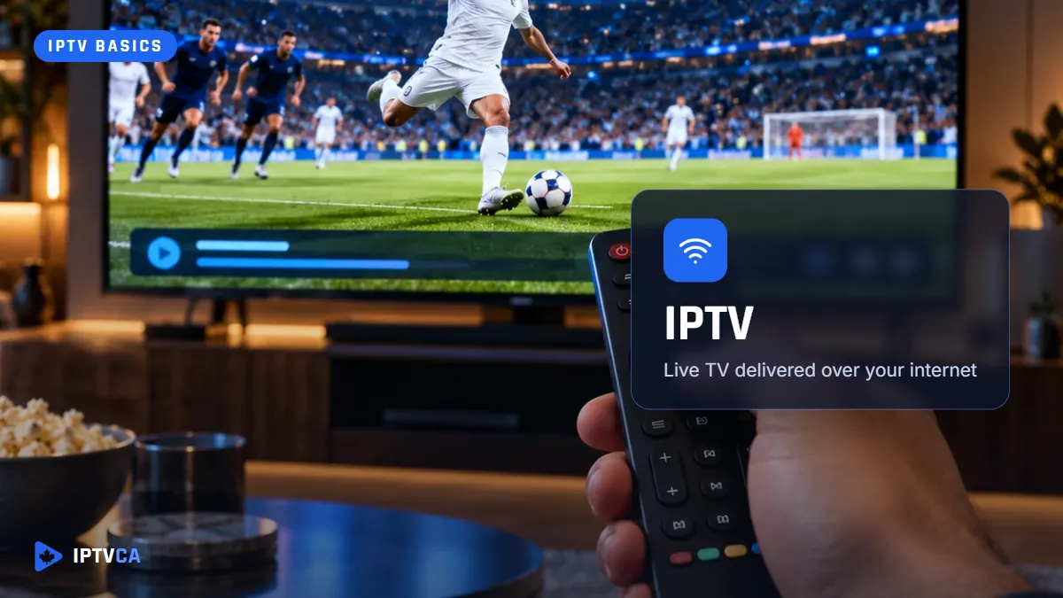 Hand holding a TV remote in front of a live football match on a 4K TV, streamed over the internet