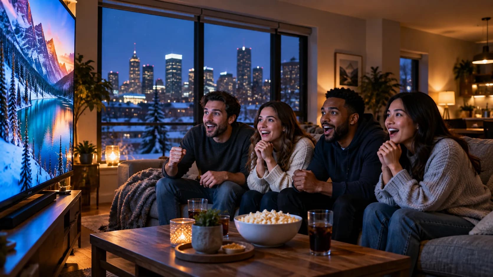Friends watching a big 4K TV in a Canadian living room at night