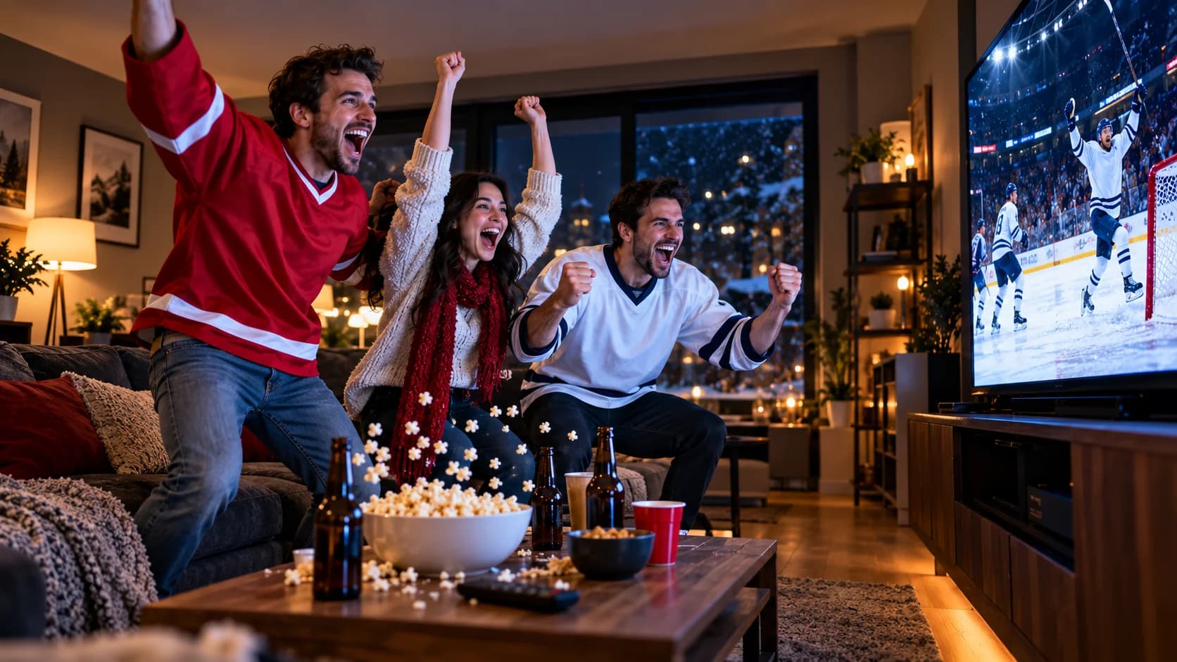 Friends jumping off the couch celebrating a hockey goal on TV