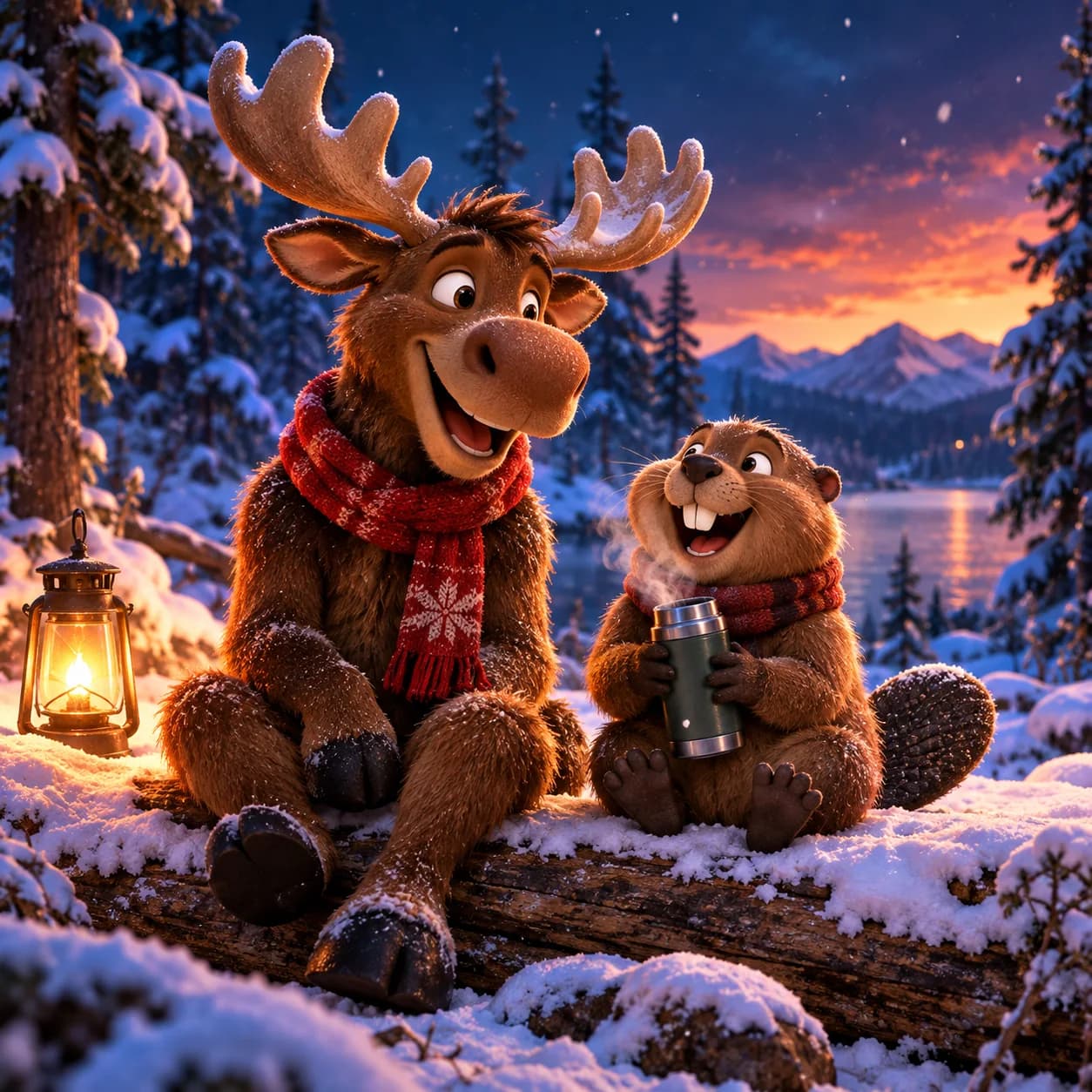 Animated moose and beaver friends laughing in a snowy Canadian forest