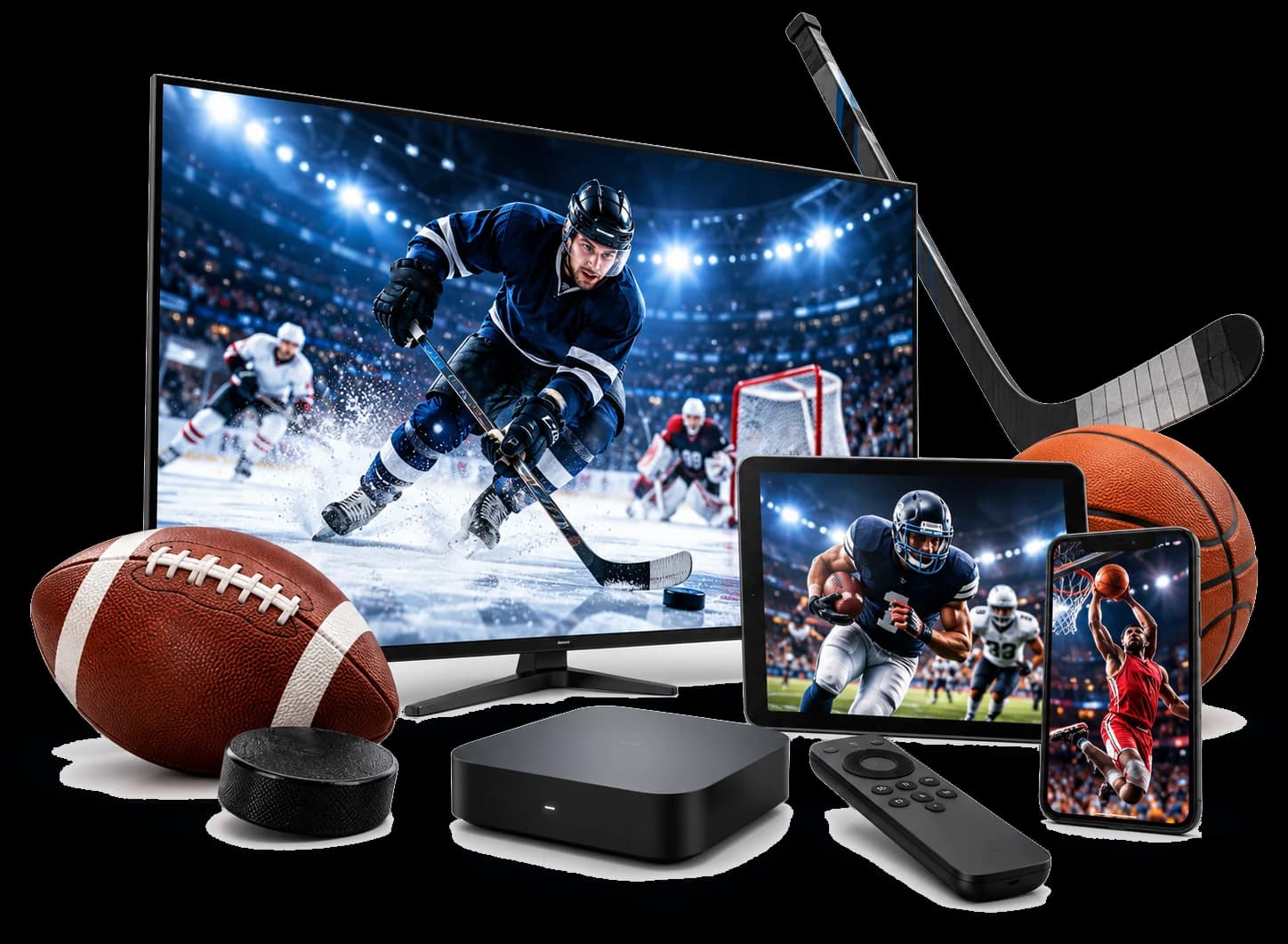 TV, tablet and phone showing hockey, football and basketball next to a streaming box and sports gear