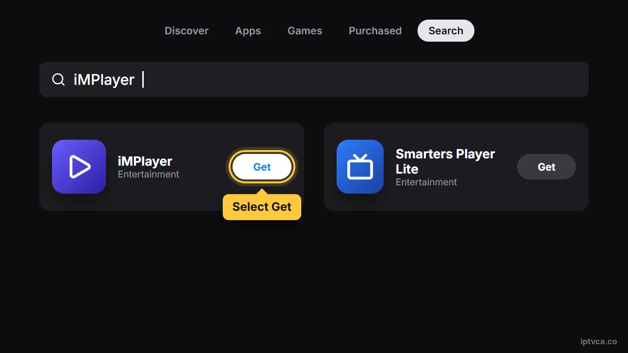 Apple TV App Store search for iMPlayer with Get selected
