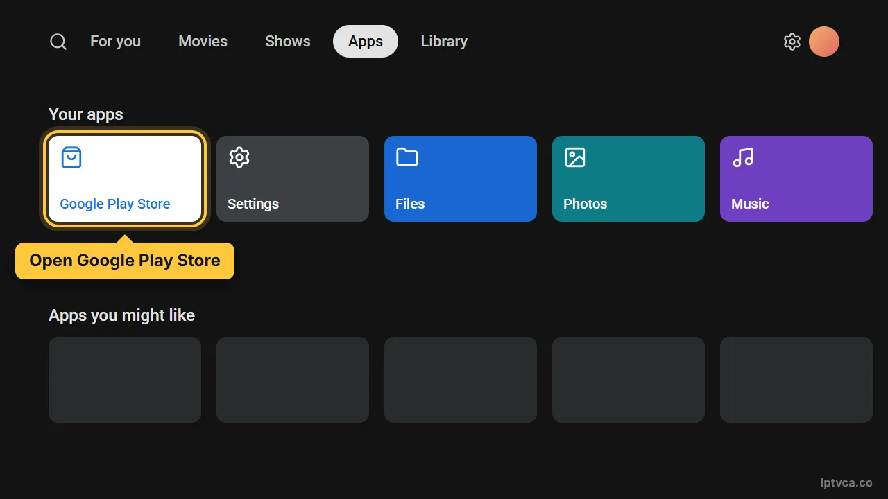 Google TV Apps tab with Google Play Store selected
