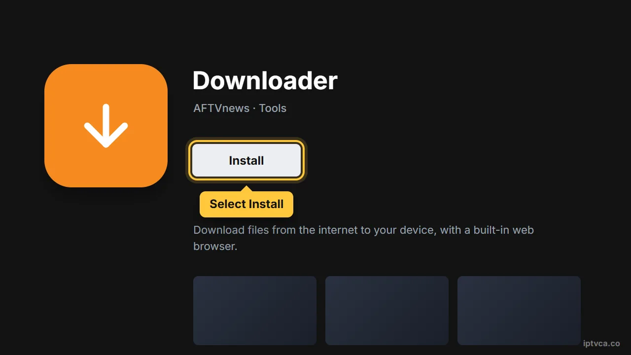 Downloader app page in Google Play on Android TV with Install selected