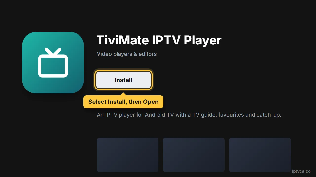TiviMate app page in Google Play on Android TV with Install selected