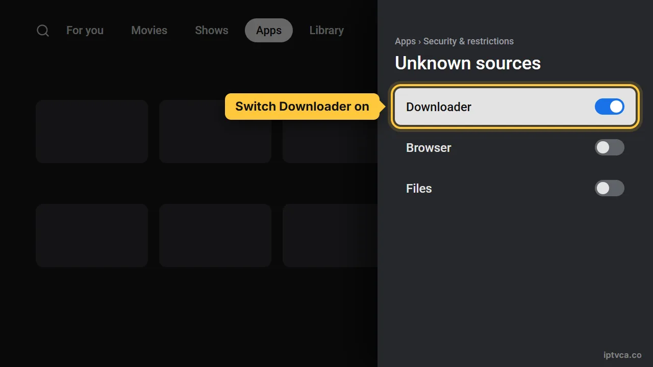 Android TV Unknown sources settings with Downloader switched on