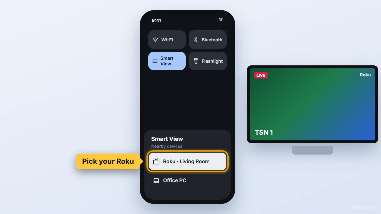 Android quick settings Smart View list with the Roku selected