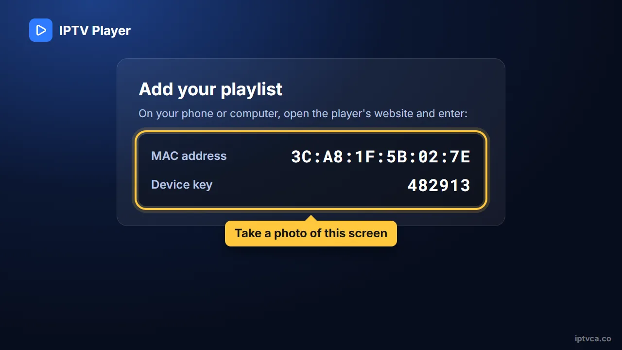 IPTV player on the TV showing its MAC address and device key