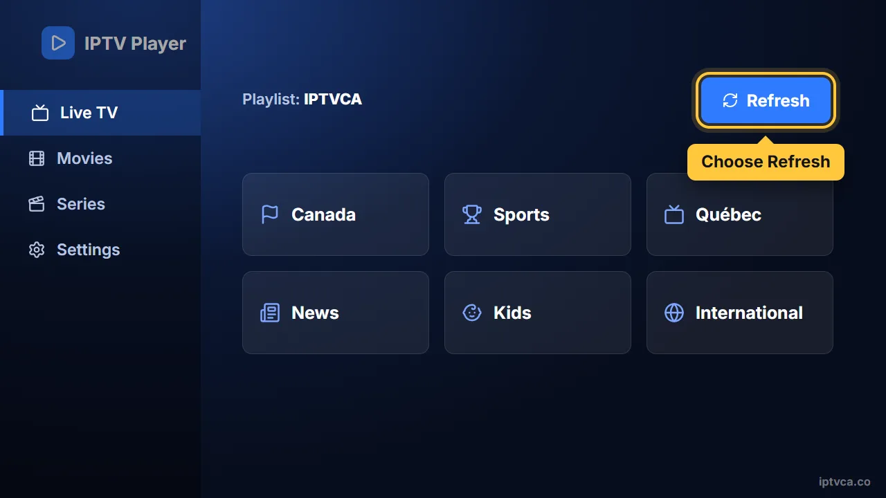 IPTV player with the IPTVCA playlist loaded and the Refresh button selected