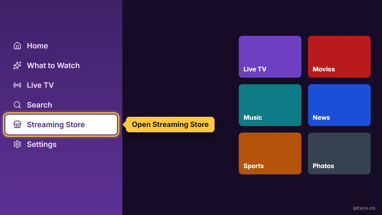 Roku home menu with Streaming Store selected