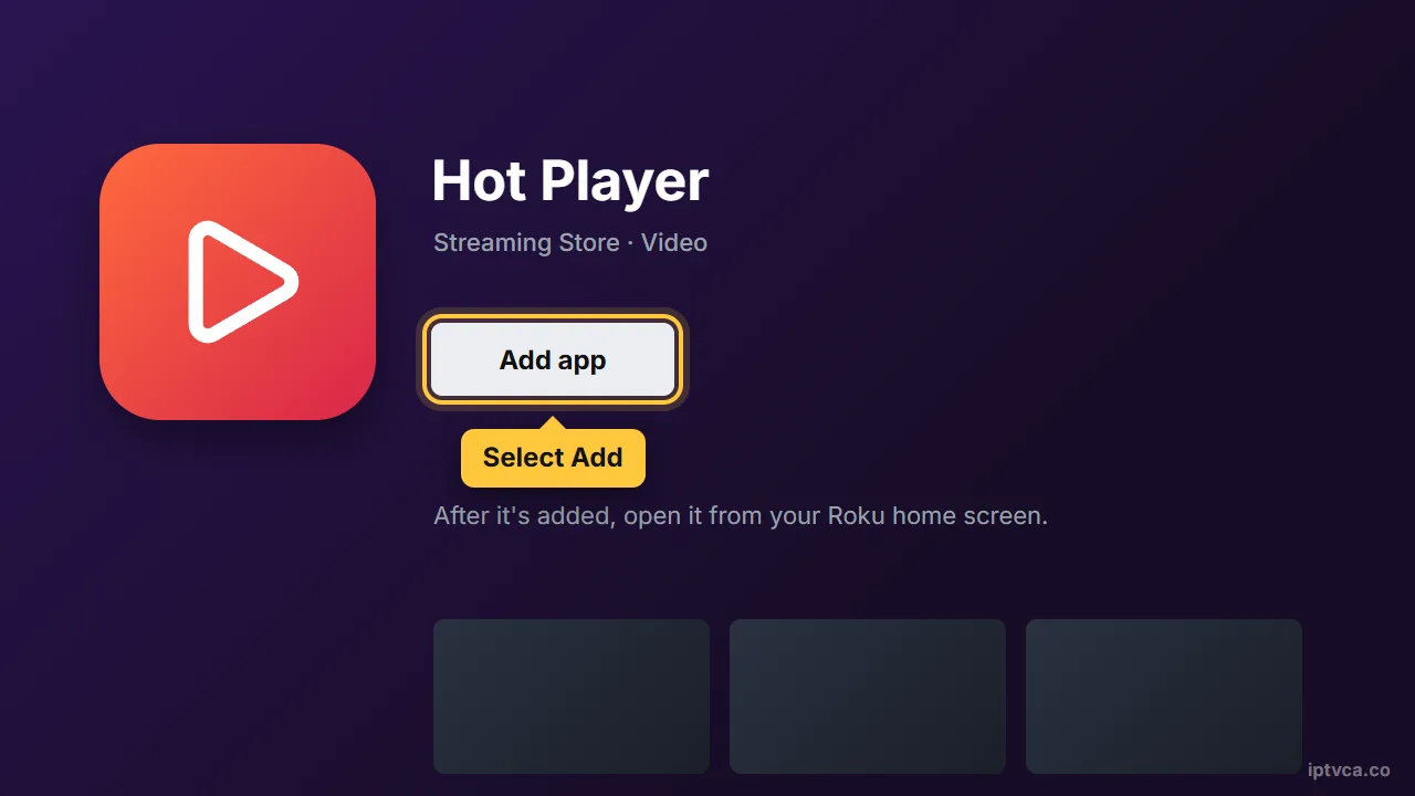 Hot Player page in the Roku Streaming Store with Add app selected