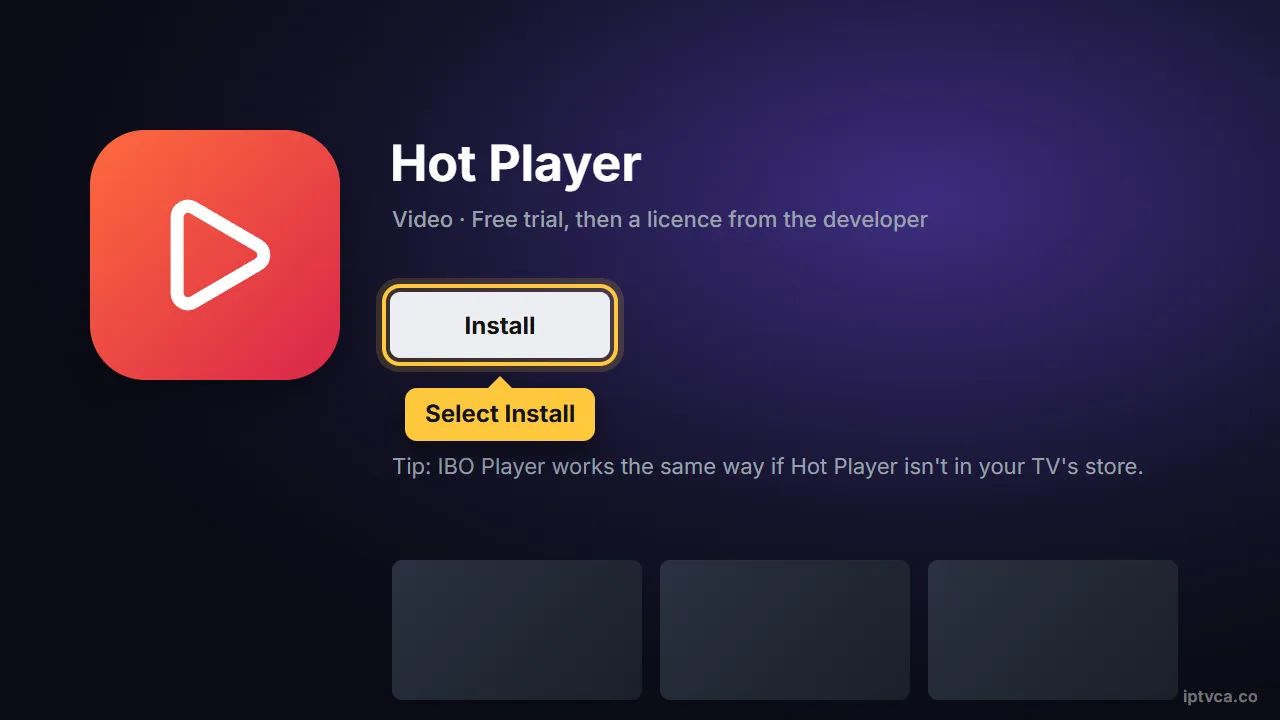 Hot Player page in the smart TV app store with Install selected