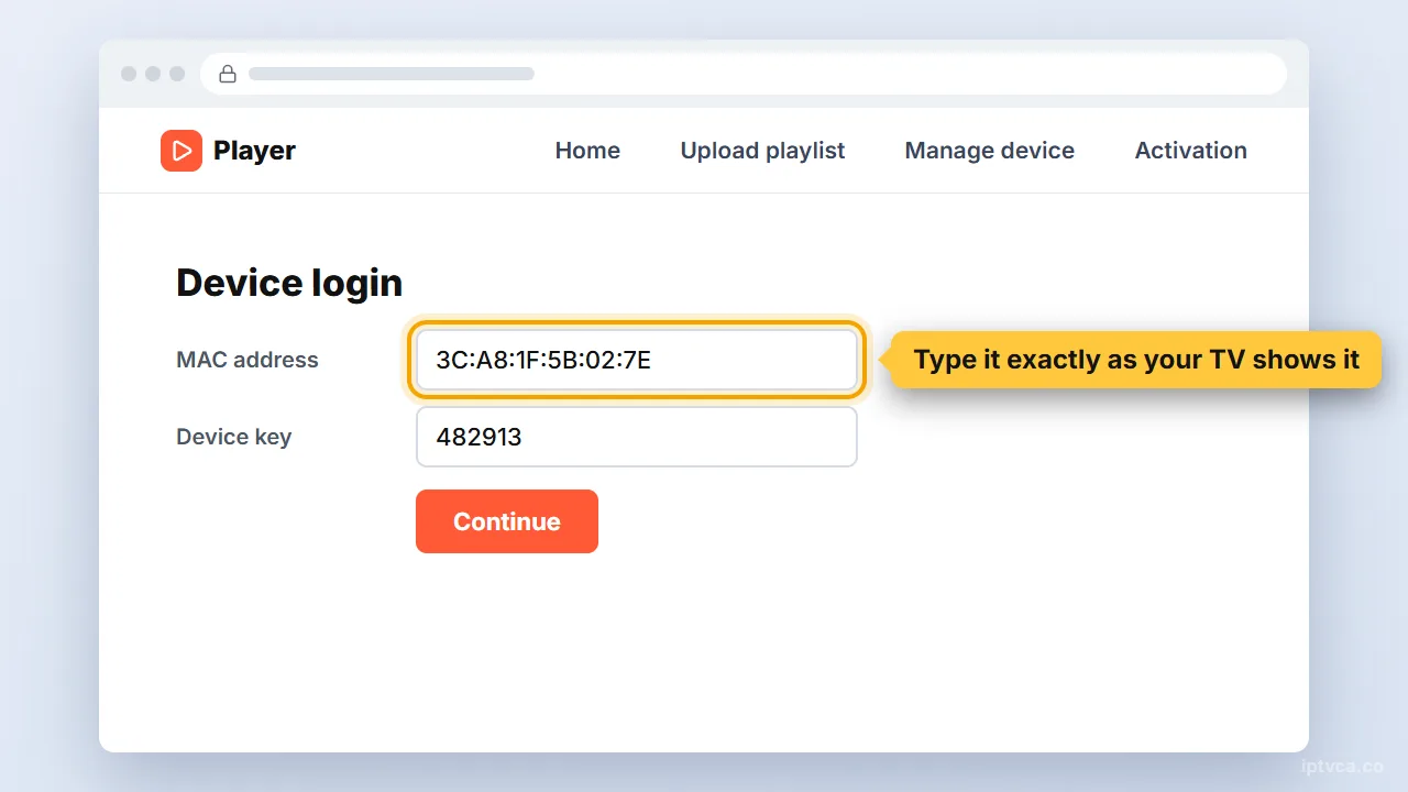 Player website device login with the TV's MAC address entered