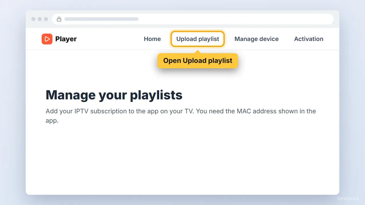 Player website with the Upload playlist menu selected