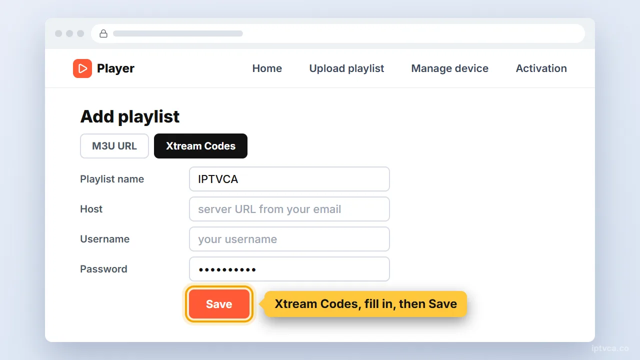 Player website Add playlist form with Xtream Codes selected