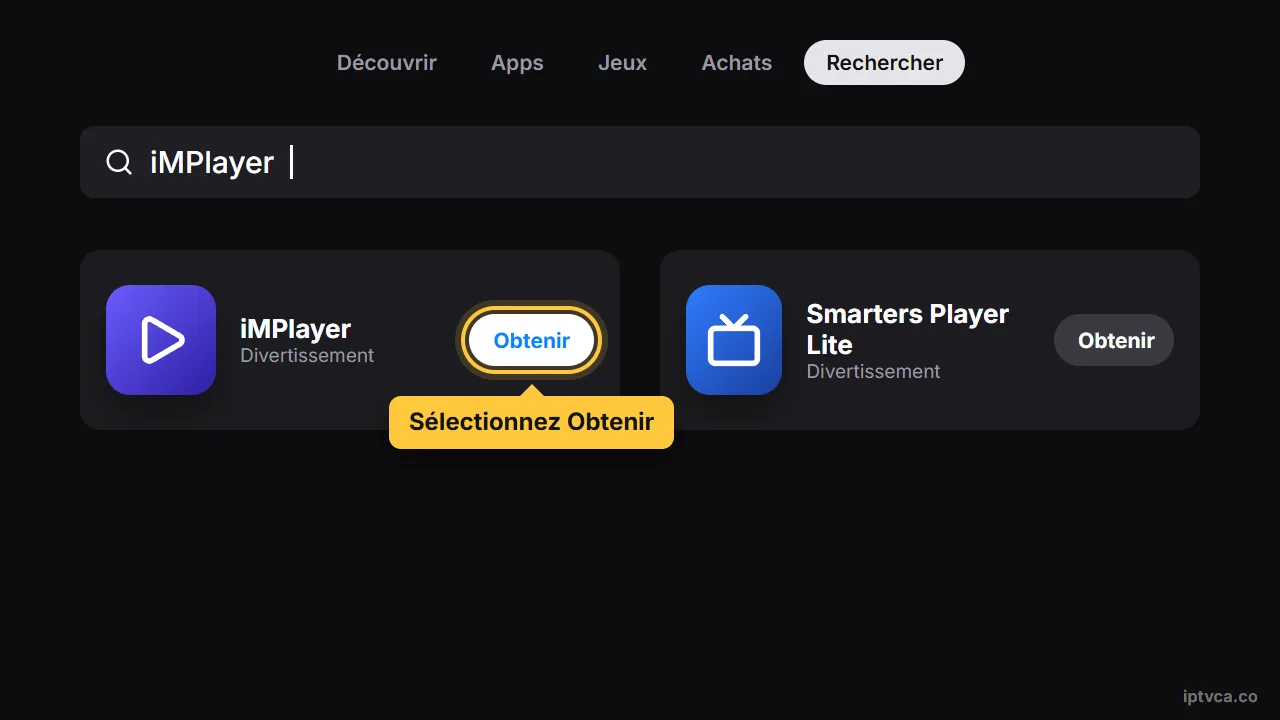 Recherche d'iMPlayer dans l'App Store de l'Apple TV avec Obtenir sélectionné