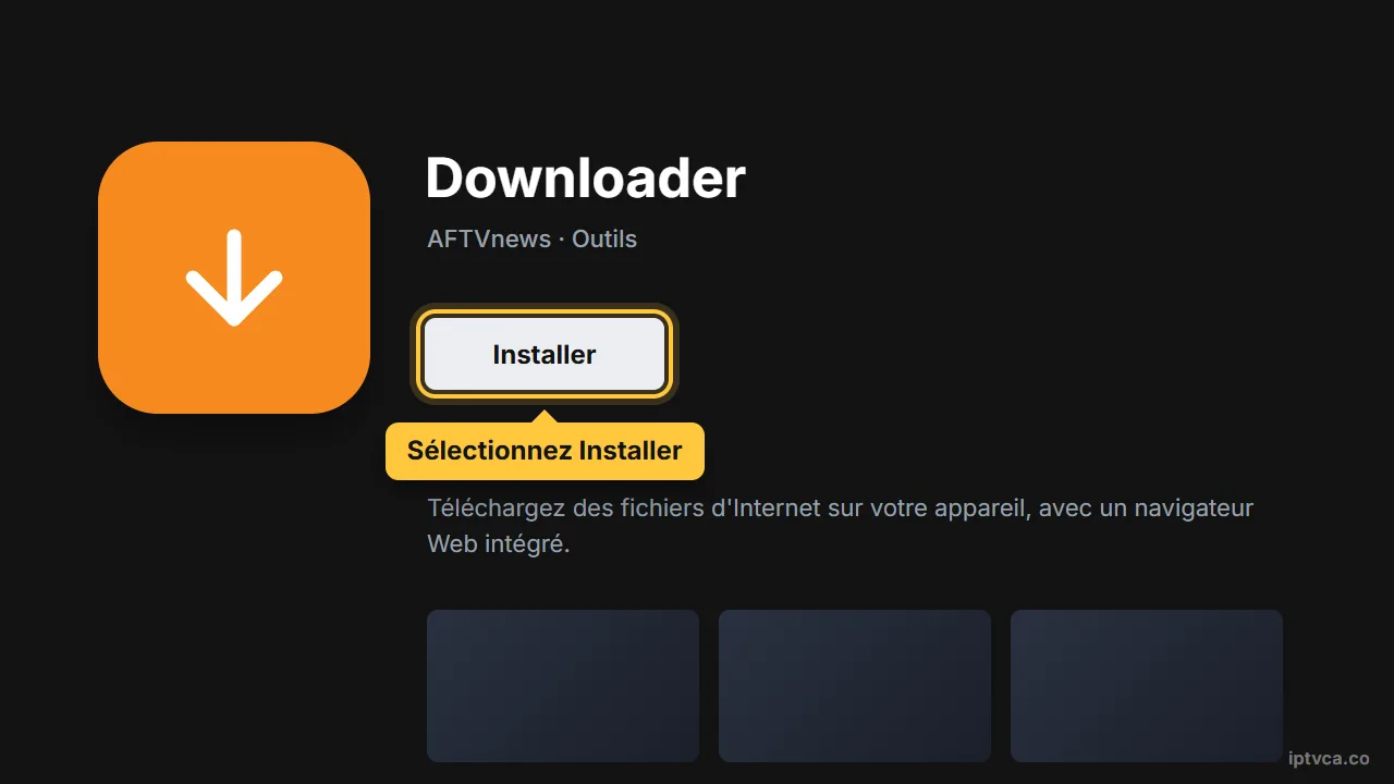 Page de Downloader dans Google Play sur Android TV avec Installer sélectionné