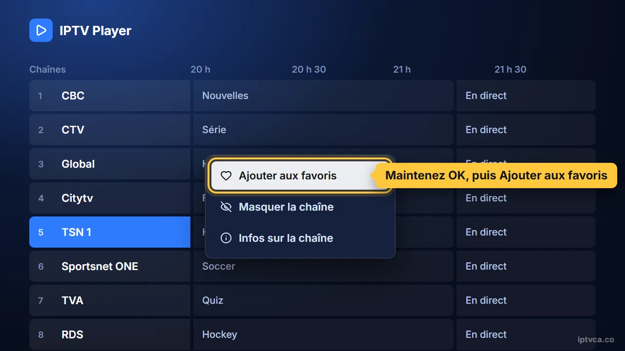 Guide des programmes d'un lecteur IPTV avec l'option Ajouter aux favoris sur une chaîne