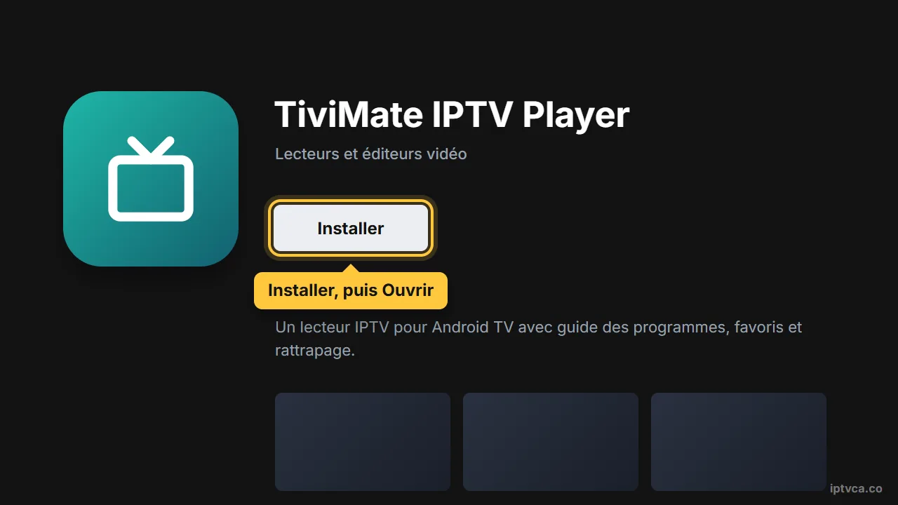 Page de TiviMate dans Google Play sur Android TV avec Installer sélectionné