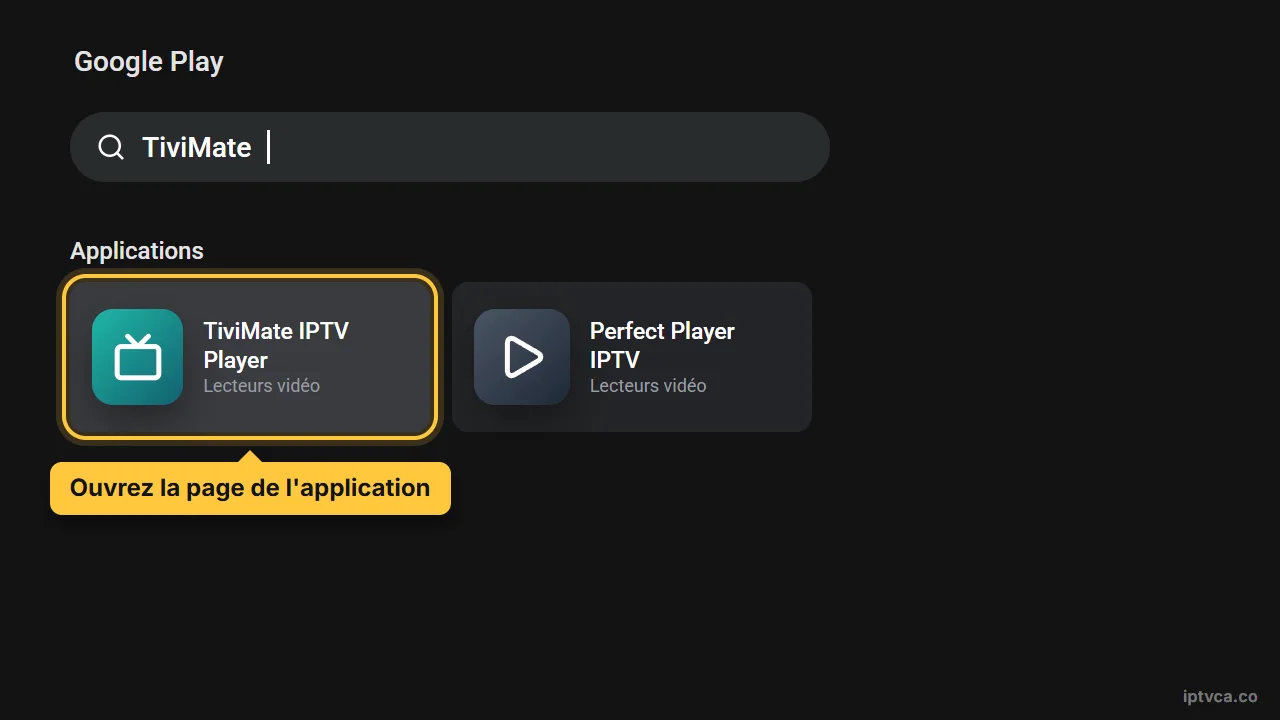 Recherche de TiviMate dans Google Play sur Android TV