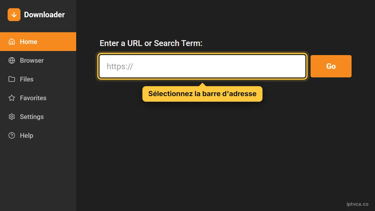 Accueil de l'application Downloader avec la barre d'adresse sélectionnée