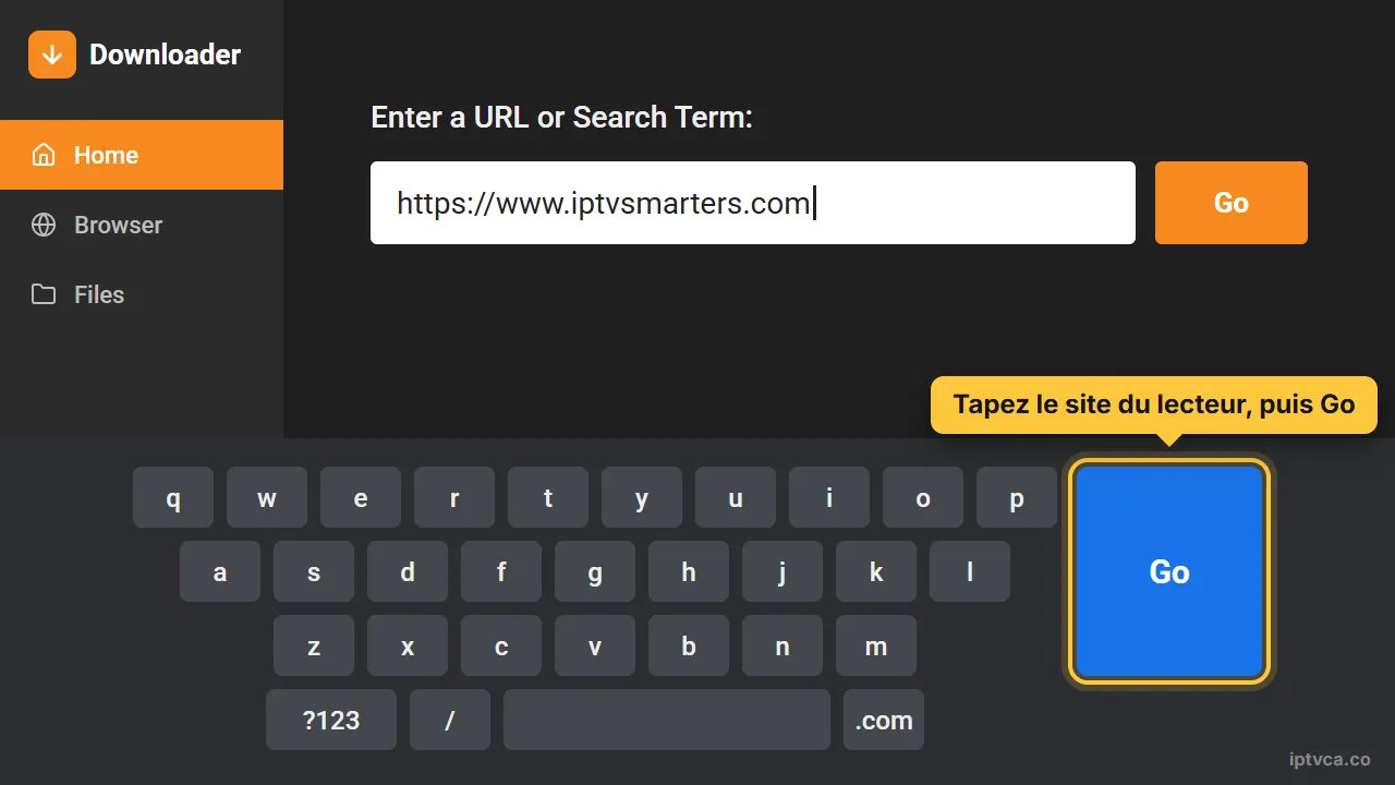 Clavier de Downloader avec le site du lecteur tapé et la touche Go sélectionnée