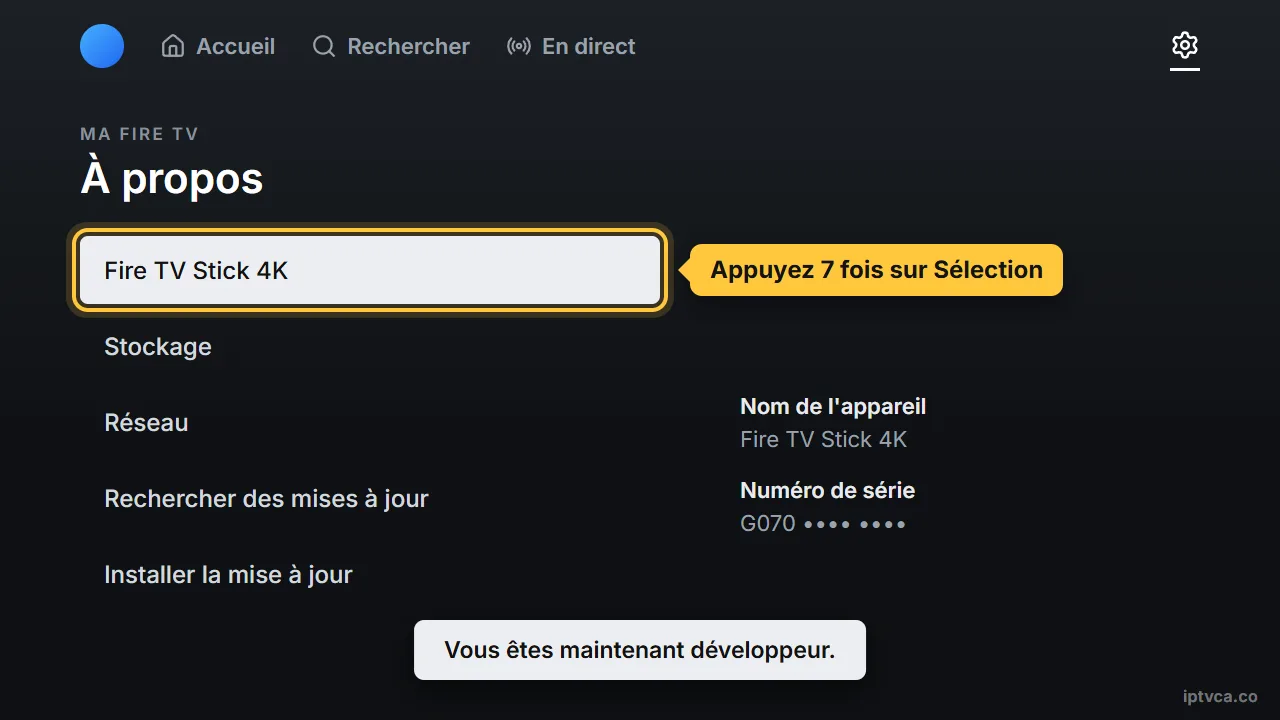 Écran À propos de la Fire TV : appuyez sept fois sur le nom de l'appareil pour devenir développeur