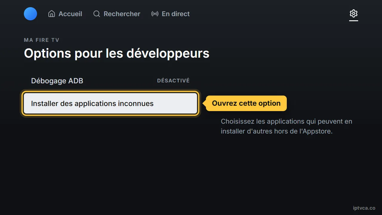 Options pour les développeurs de la Fire TV avec Installer des applications inconnues sélectionné