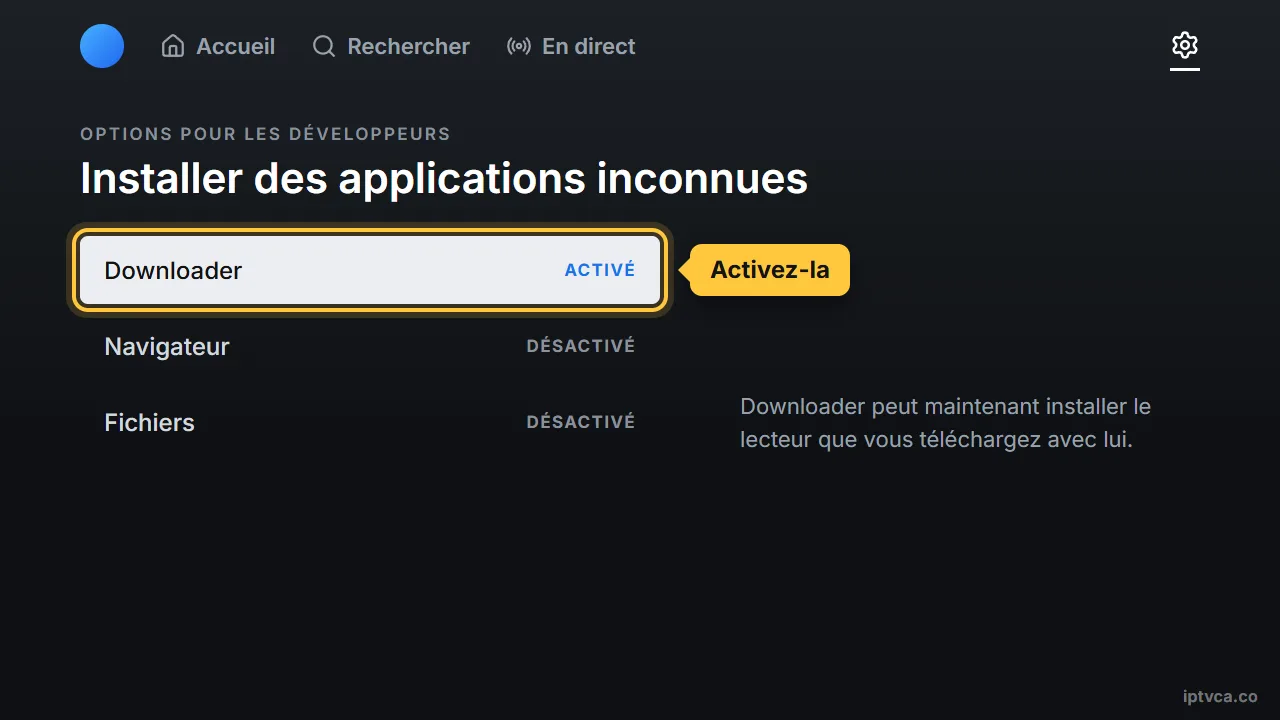 Liste Installer des applications inconnues de la Fire TV avec Downloader activé