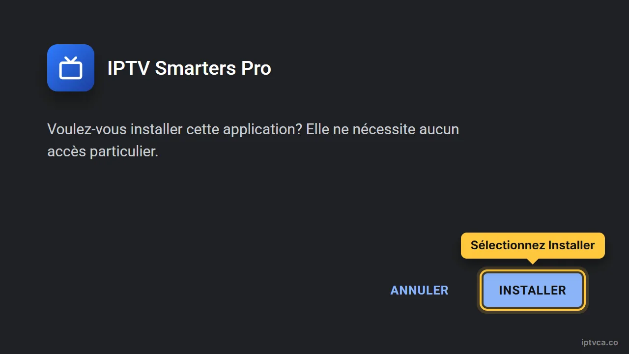 Installateur Android proposant d'installer IPTV Smarters Pro, avec Installer sélectionné
