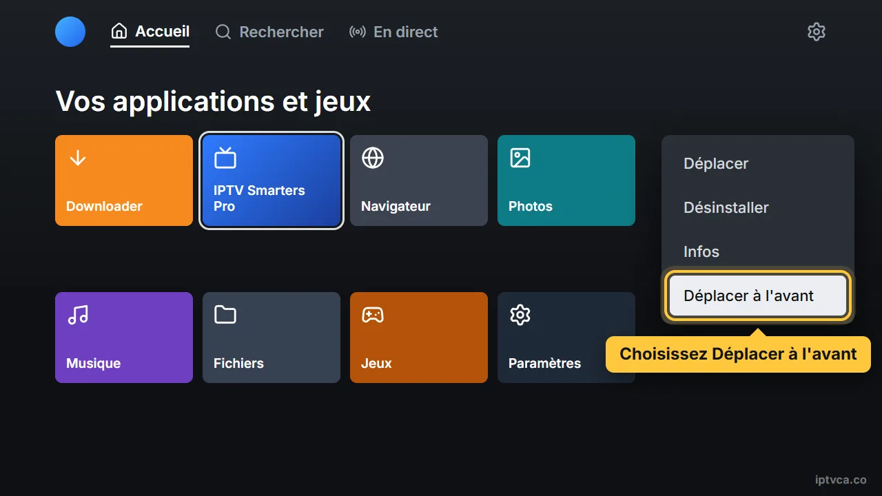 Menu d'options d'une application Fire TV avec Déplacer à l'avant sélectionné