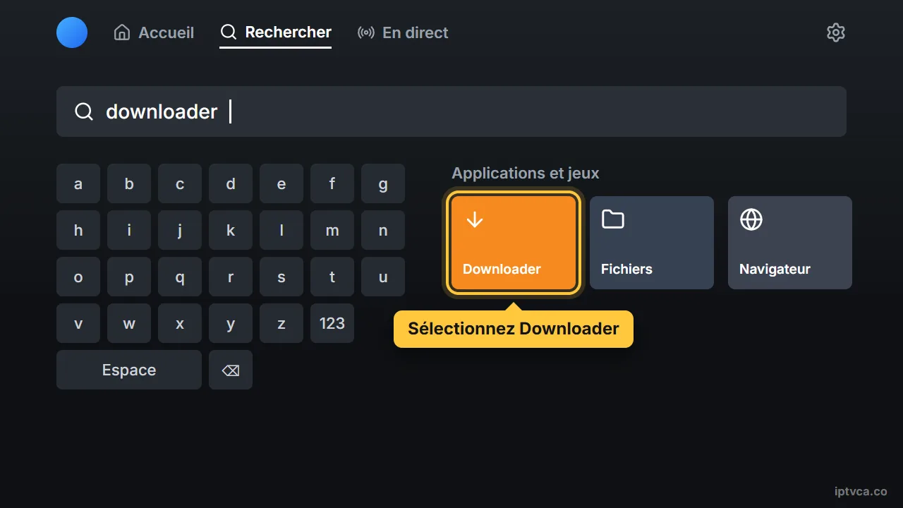 Recherche de Downloader sur la Fire TV, avec l'application orange sélectionnée