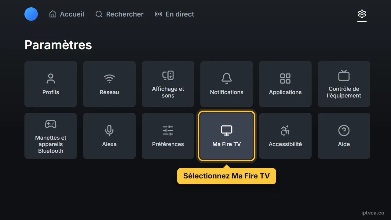 Écran Paramètres de la Fire TV avec Ma Fire TV sélectionné