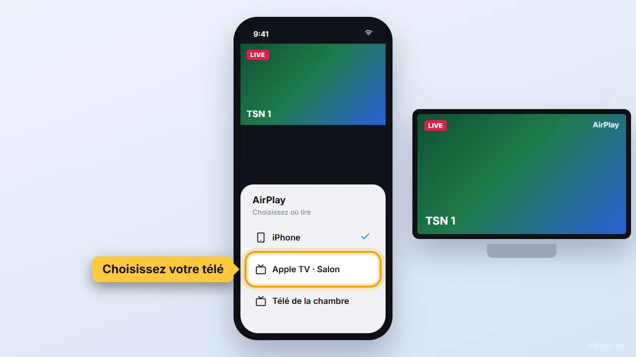 Menu AirPlay de l'iPhone avec l'Apple TV du salon sélectionnée