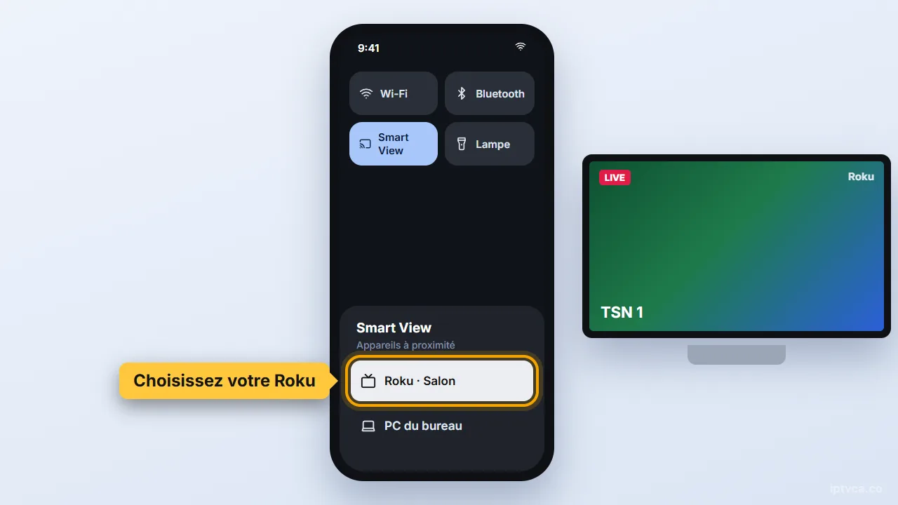 Liste Smart View des réglages rapides Android avec le Roku sélectionné