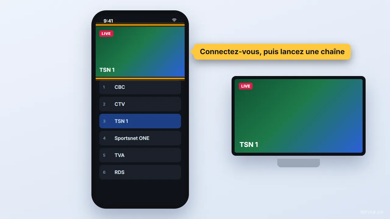 Lecteur IPTV qui diffuse une chaîne en direct sur un téléphone
