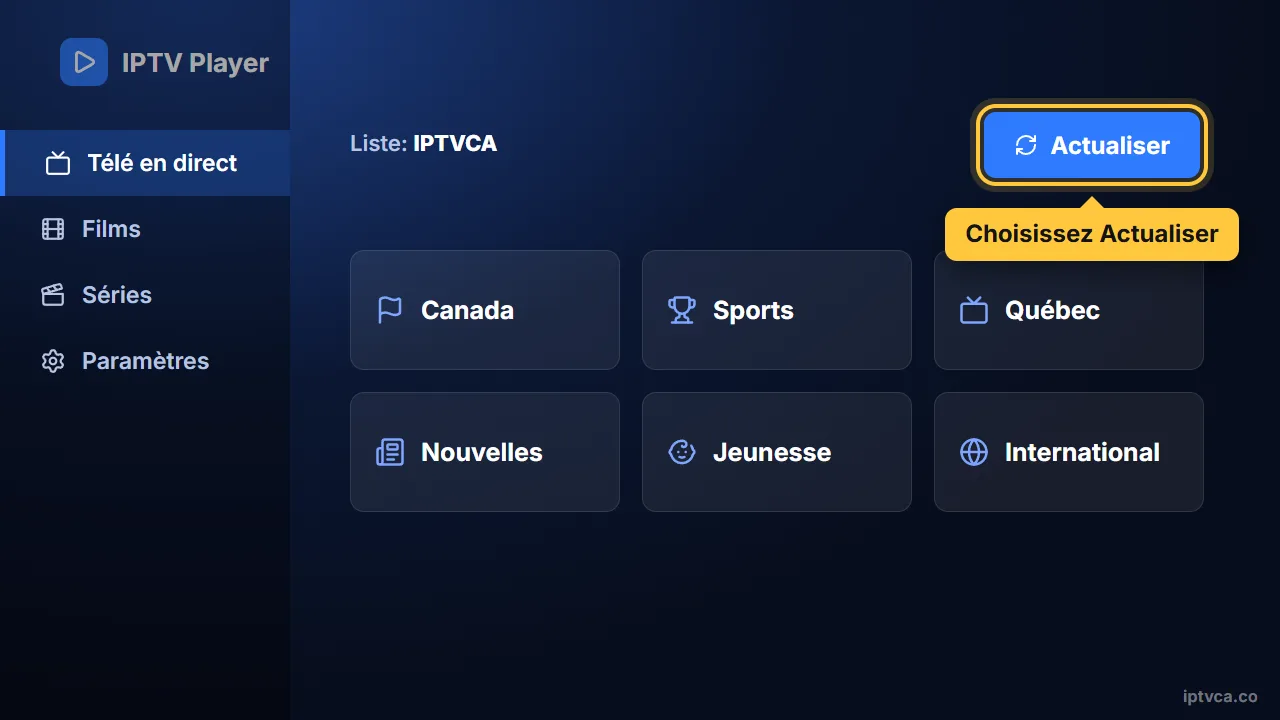 Lecteur IPTV avec la liste IPTVCA chargée et le bouton Actualiser sélectionné