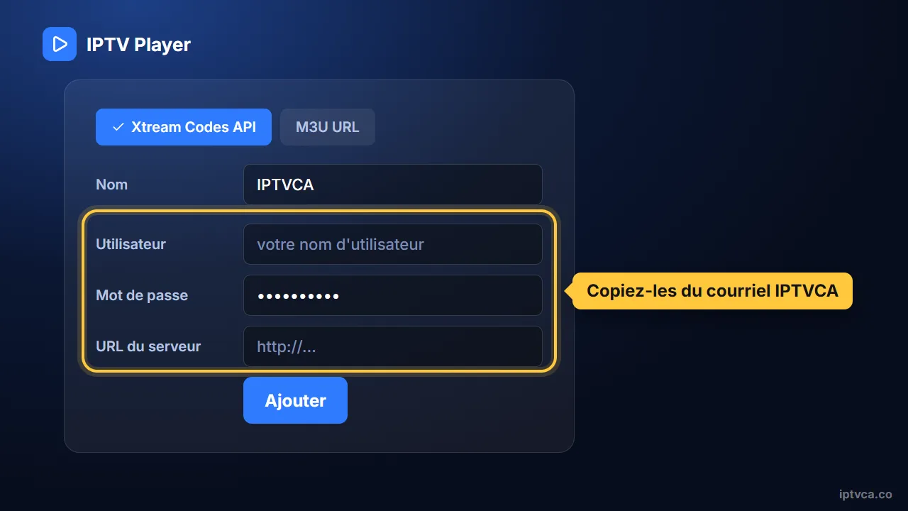 Formulaire Xtream Codes d'un lecteur IPTV : nom d'utilisateur, mot de passe et URL du serveur de votre courriel IPTVCA