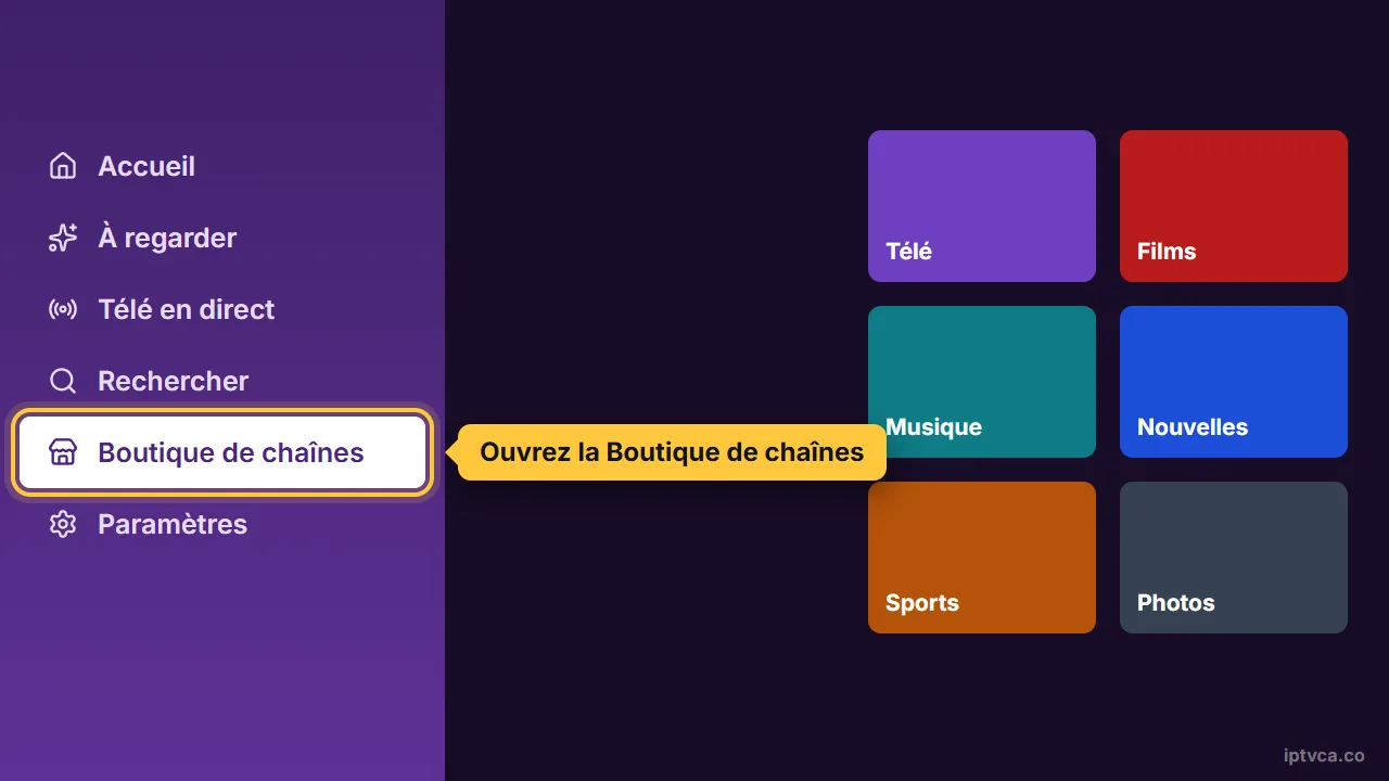 Menu d'accueil du Roku avec la Boutique de chaînes sélectionnée