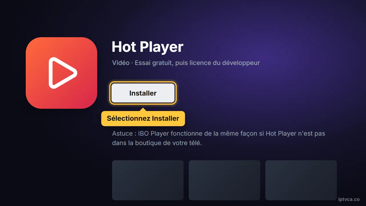 Page de Hot Player dans la boutique de la télé avec Installer sélectionné