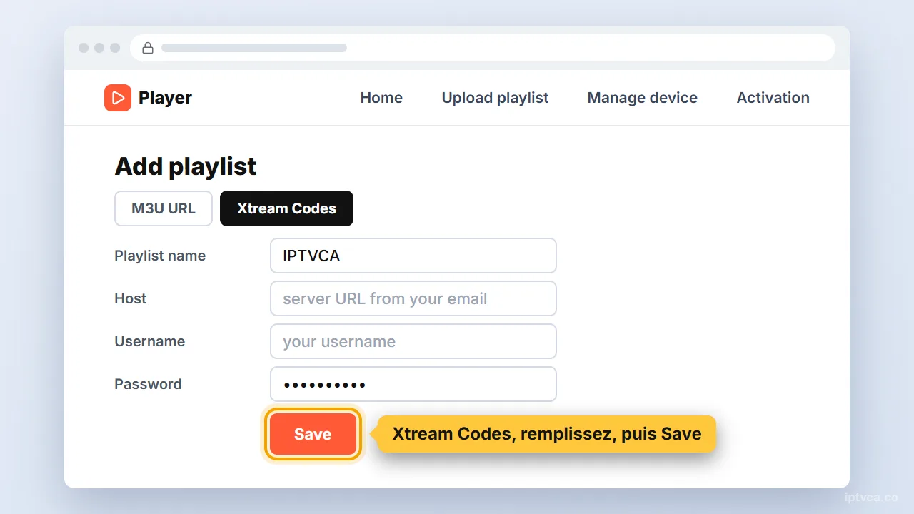 Formulaire Add playlist du site du lecteur avec Xtream Codes sélectionné