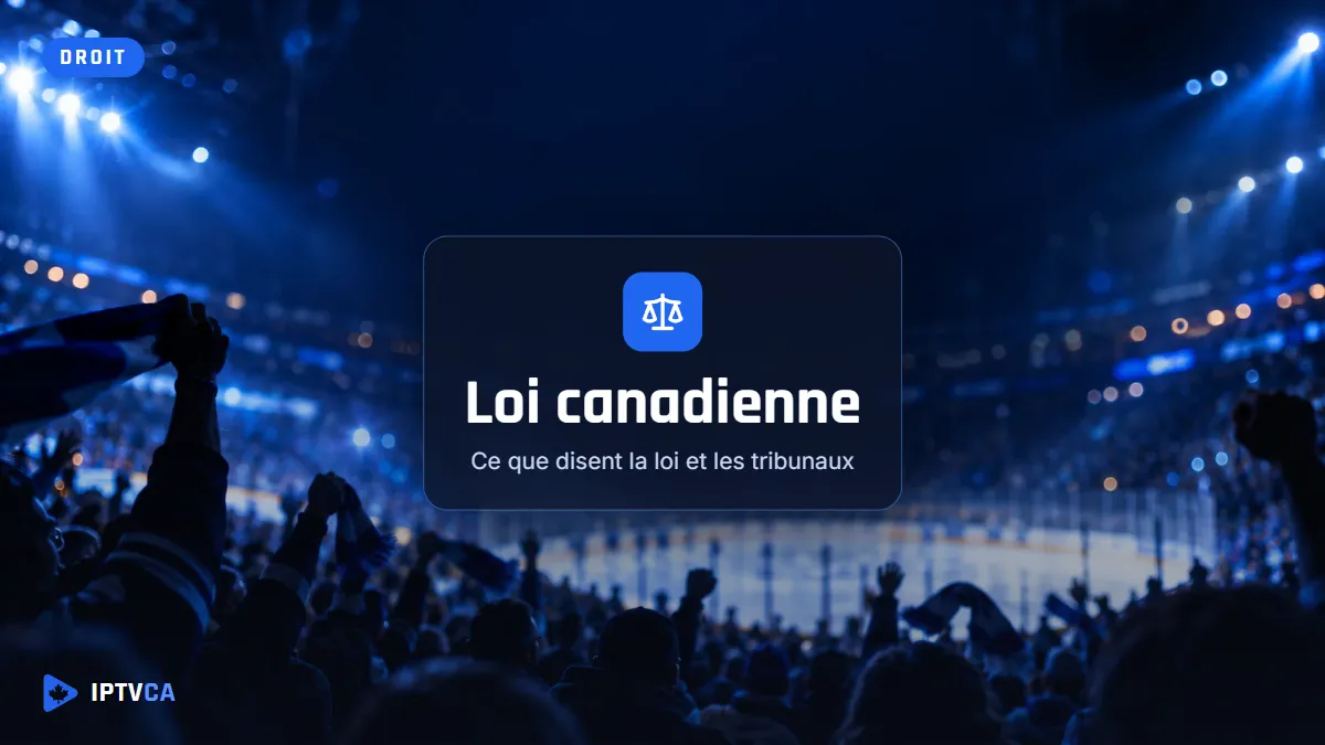 Foule dans un aréna sous des lumières bleues, avec les mots « loi canadienne »
